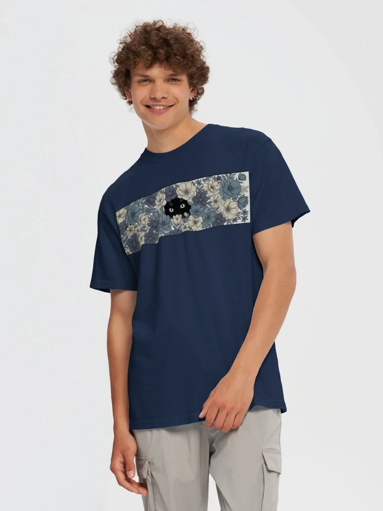Midnight Cat Flower tee in True Navy, front view on model